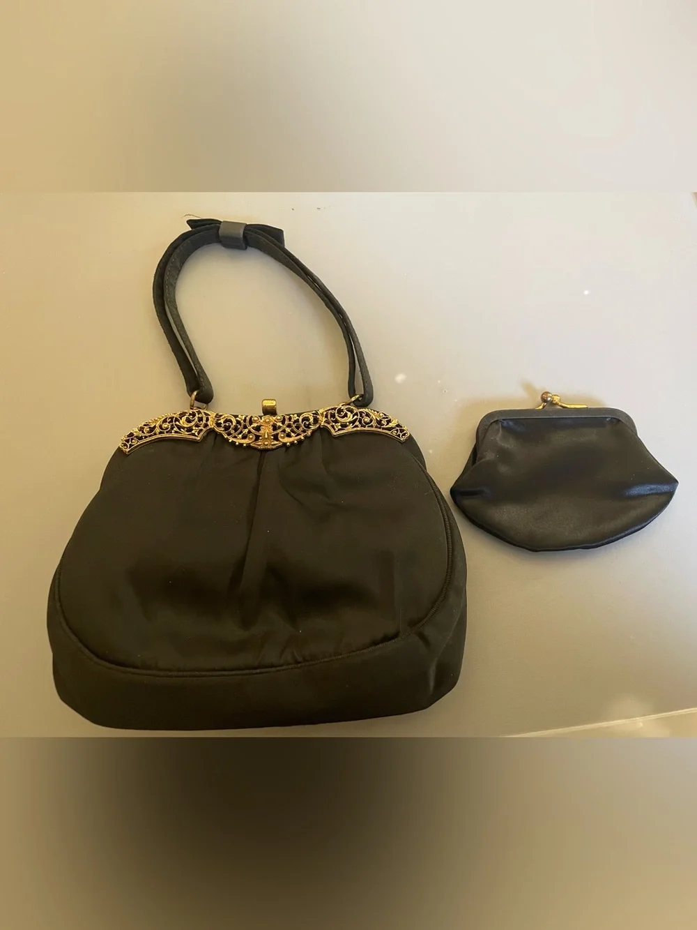 Vtg After 5  Black Satin Evening Handbag Gold Filigree Trim Coin Purse & Bow
